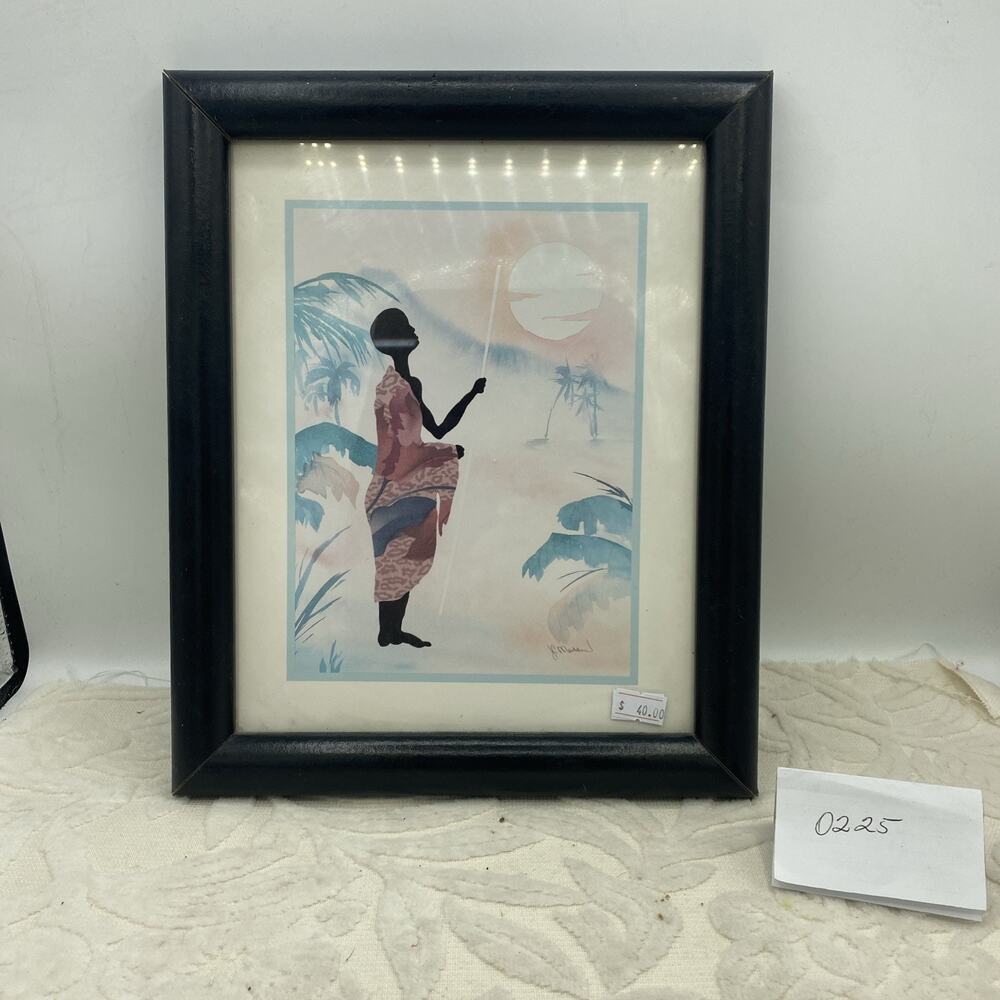 African Boy Watercolor Print By JC Madden Signed 9.5”X 11.5” Framed
